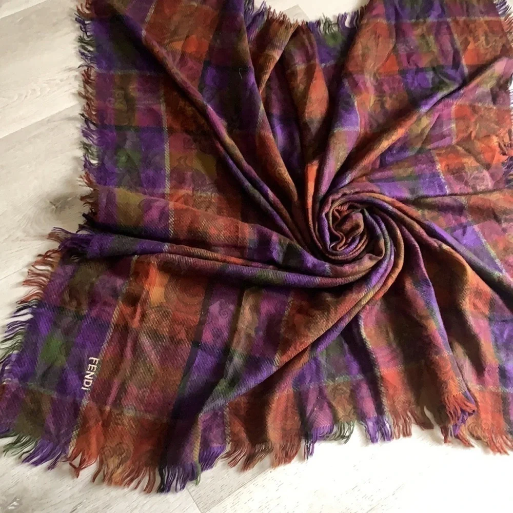 Authentic FENDI scarf wrap blanket fringe‎ plaid logo oversized luxury purple